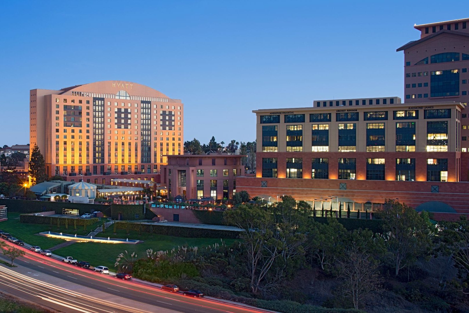 Aventine's hotel and office buildings at dusk, La Jolla