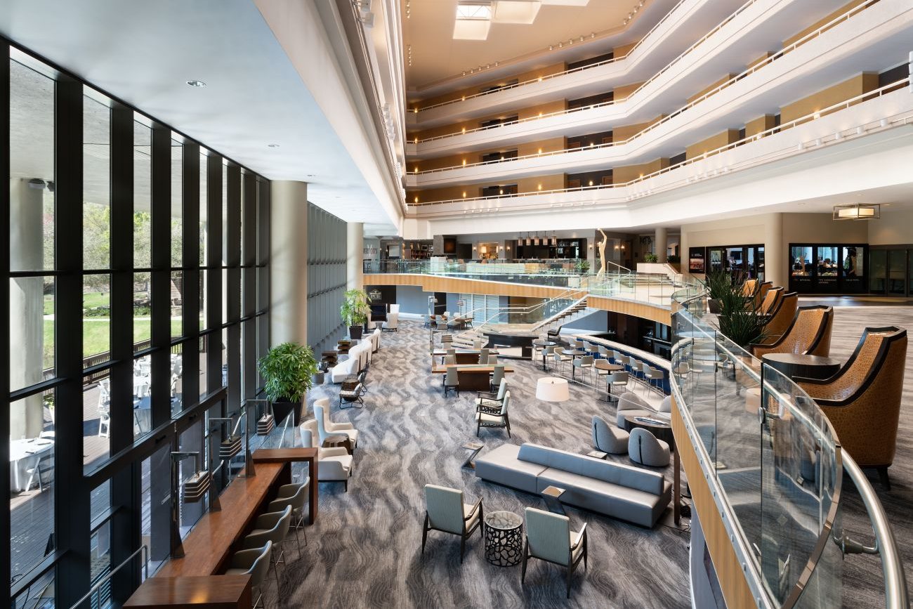 The Sawgrass Marriott's atrium lobby, Ponte Vedra Beach, with balconies rising above the lounge