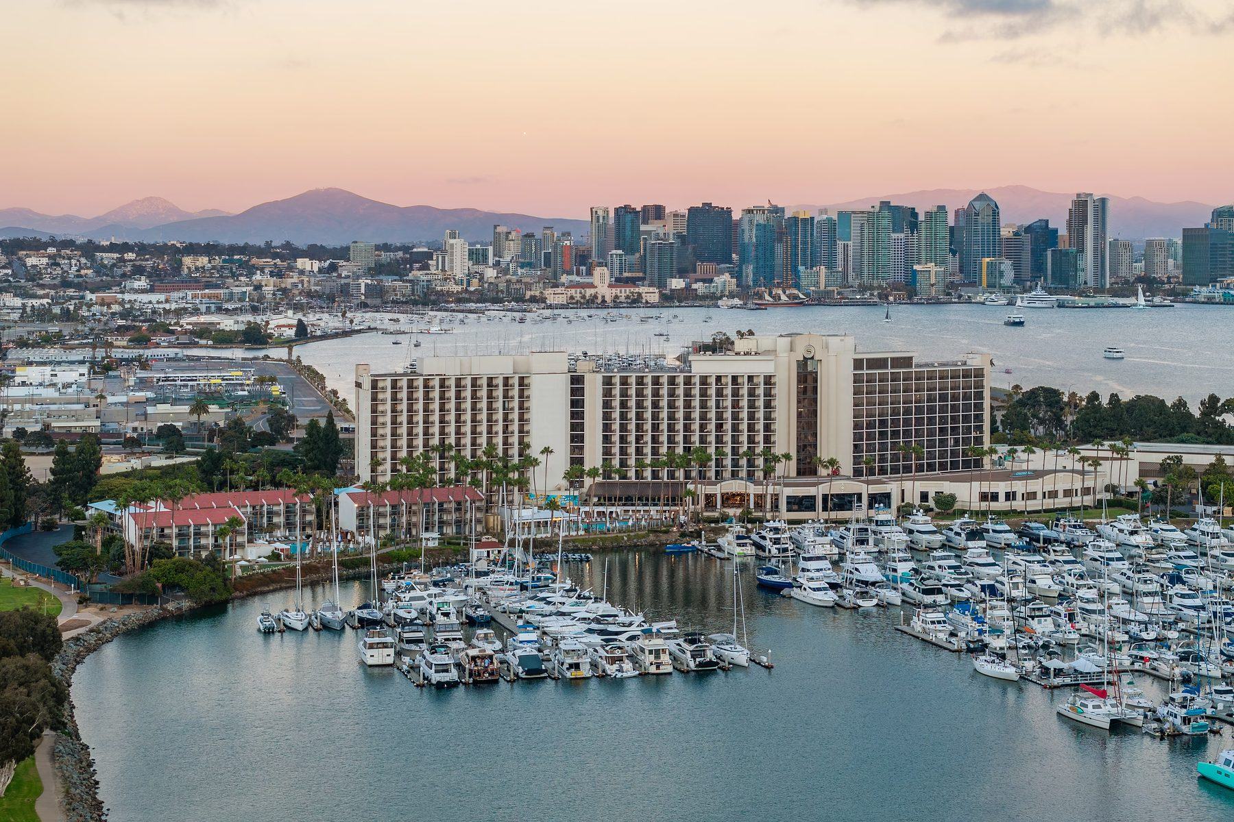 Sheraton San Diego Hotel & Marina on Harbor Island, with the marina and downtown San Diego beyond