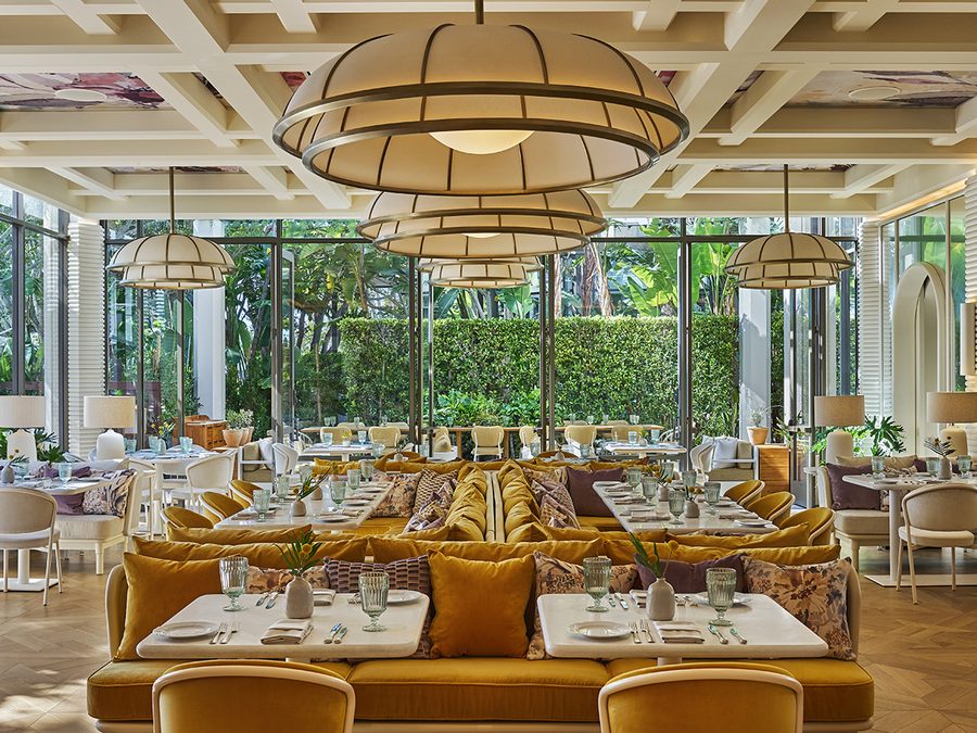 Restaurant dining room with garden views